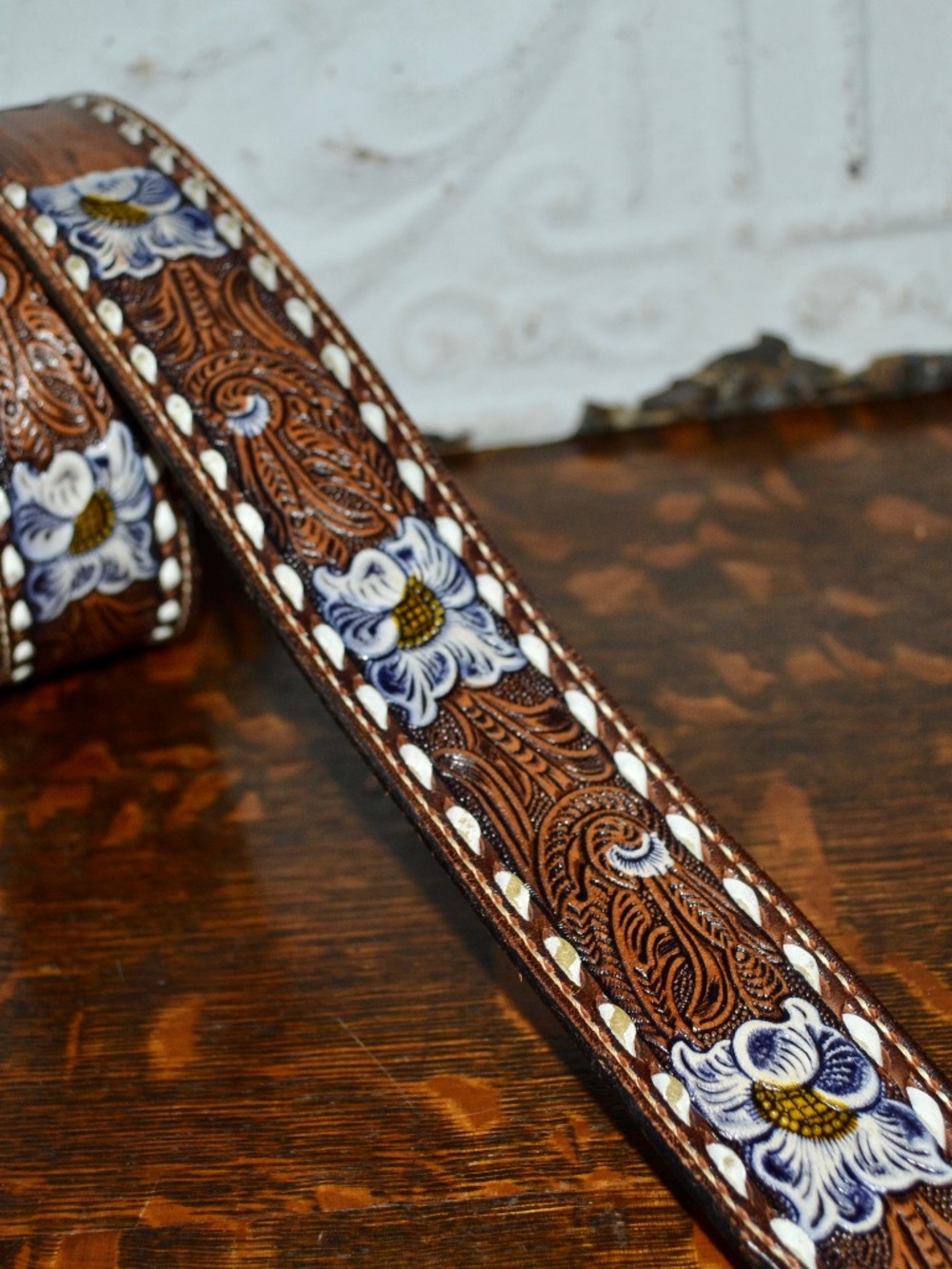 Vintage Tony Lama Tooled Leather Best Purple Floral "Mark" Size 34